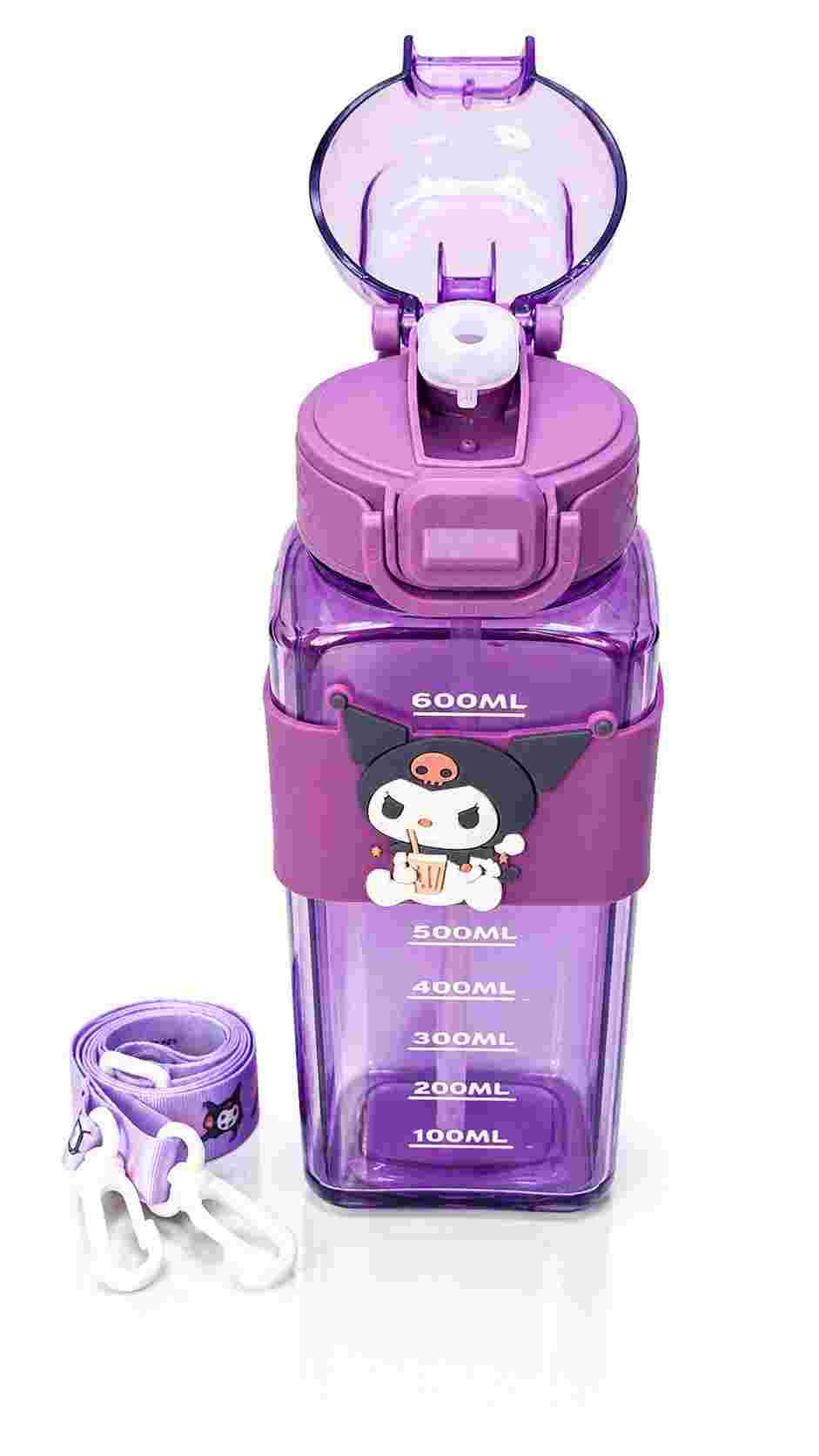 Cute Cartoon Kids Water Bottle 600ml with Straw & Shoulder Strap