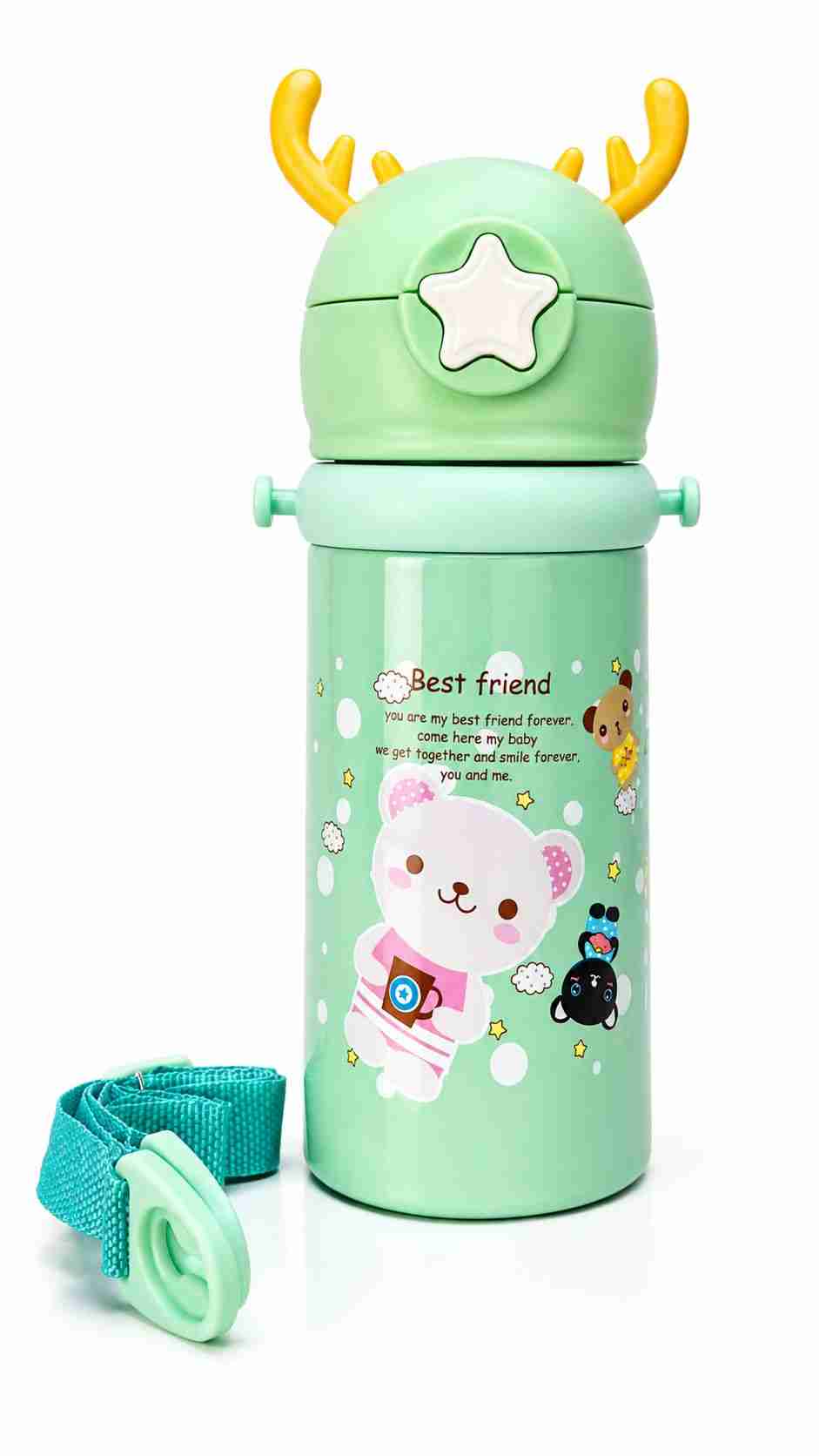 Cute Reindeer Kids Water Bottle with Straw & Shoulder Strap