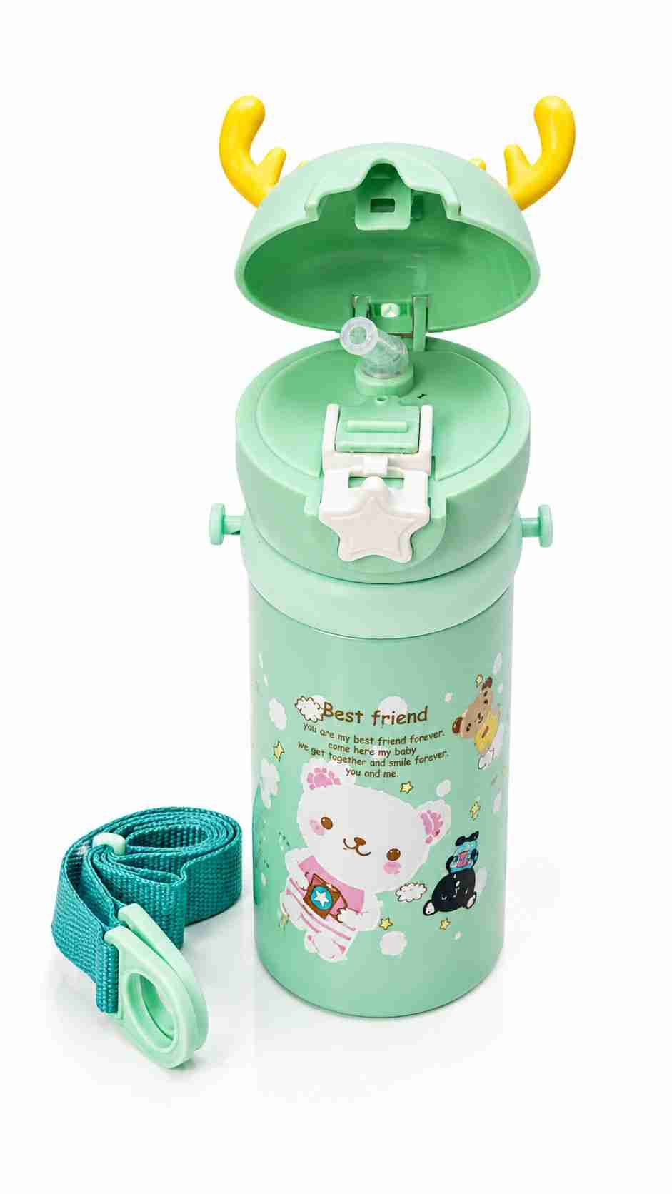 Cute Reindeer Kids Water Bottle with Straw & Shoulder Strap
