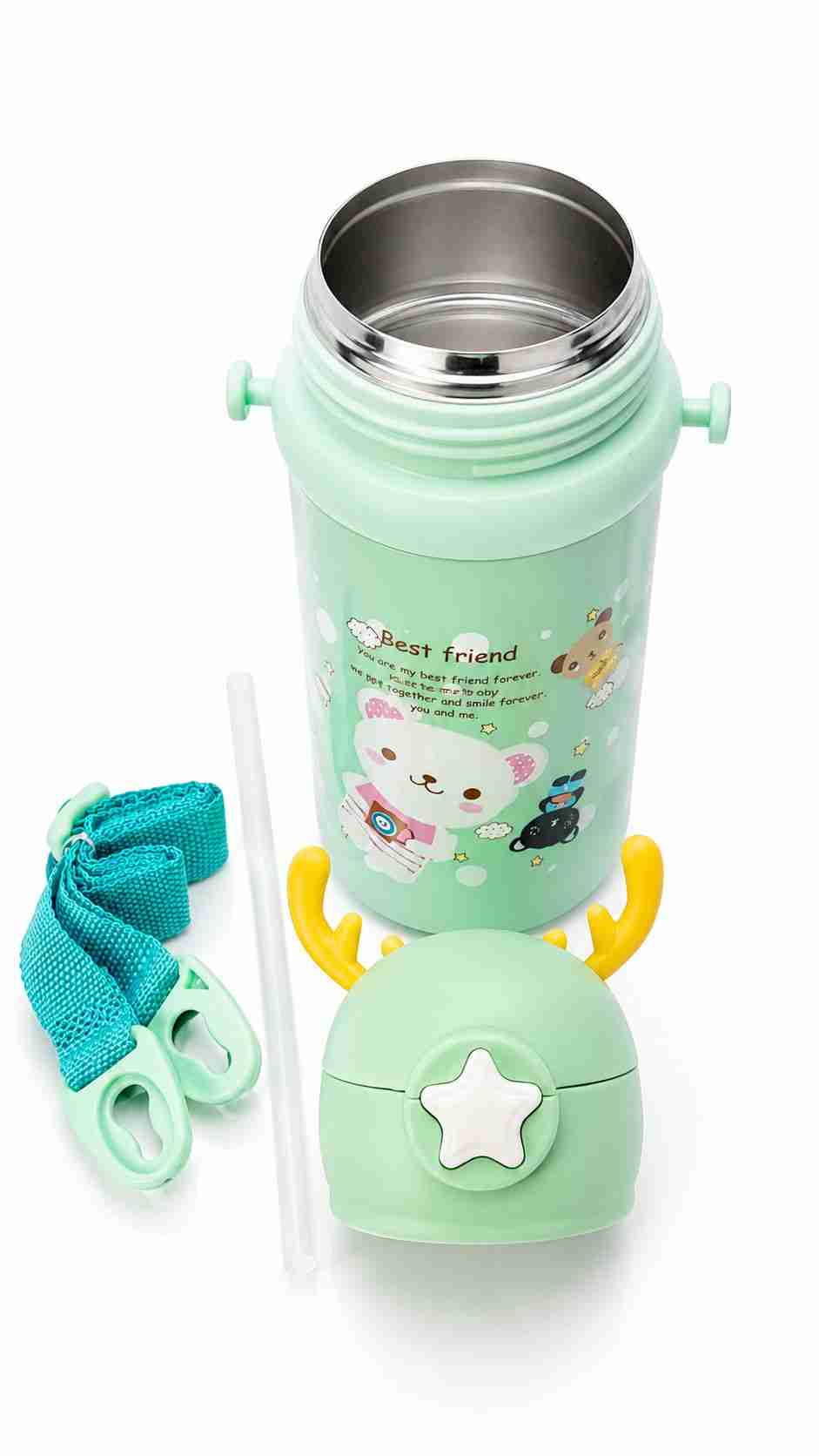 Cute Reindeer Kids Water Bottle with Straw & Shoulder Strap