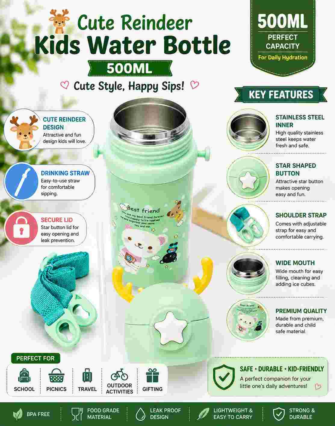 Cute Reindeer Kids Water Bottle with Straw & Shoulder Strap