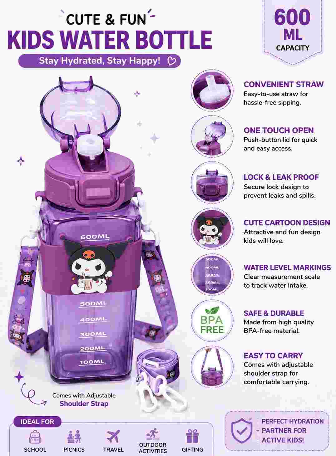 Cute Cartoon Kids Water Bottle 600ml with Straw & Shoulder Strap
