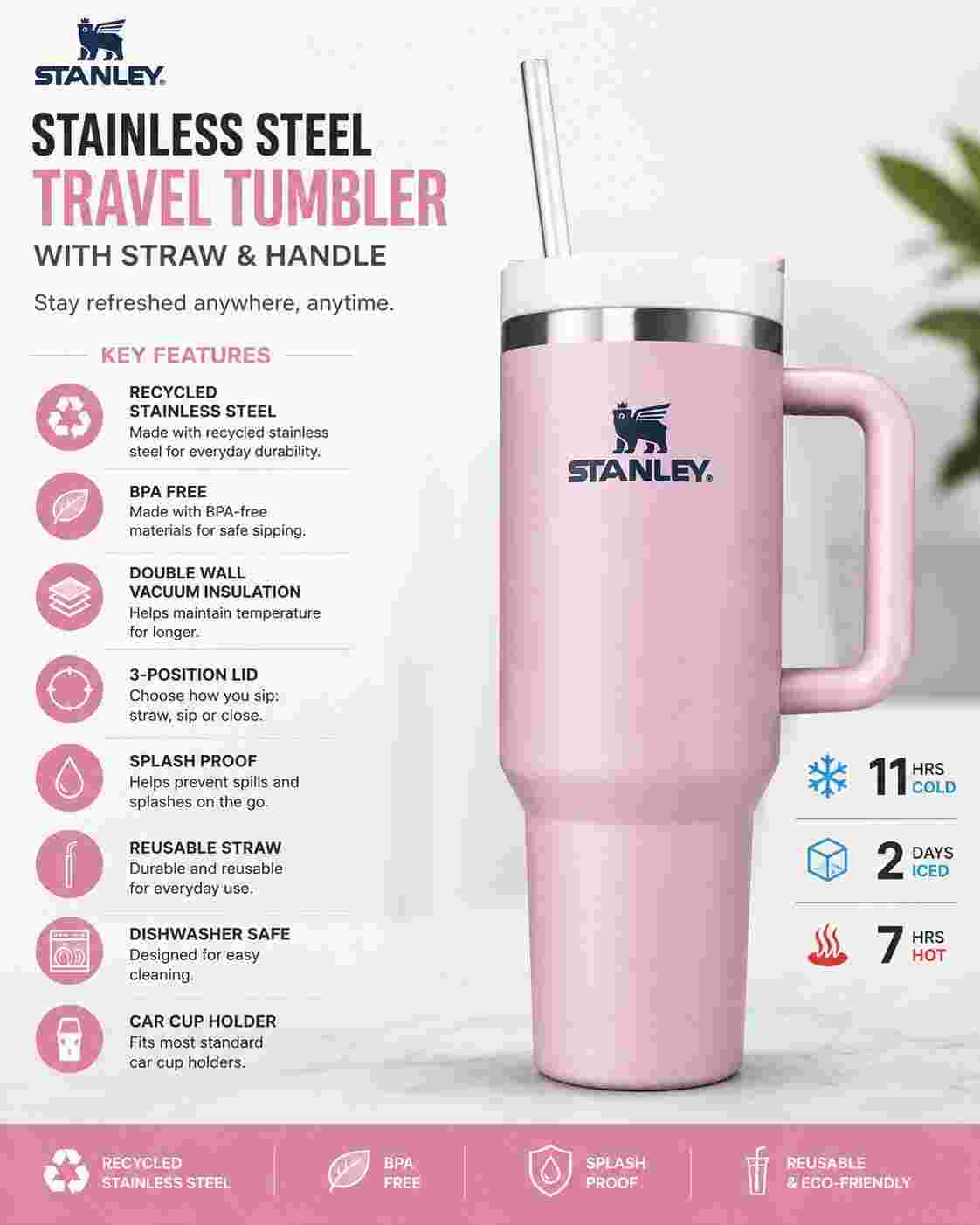 Stainless Steel Travel Tumbler(1.18L)with Straw & Handle – Insulated