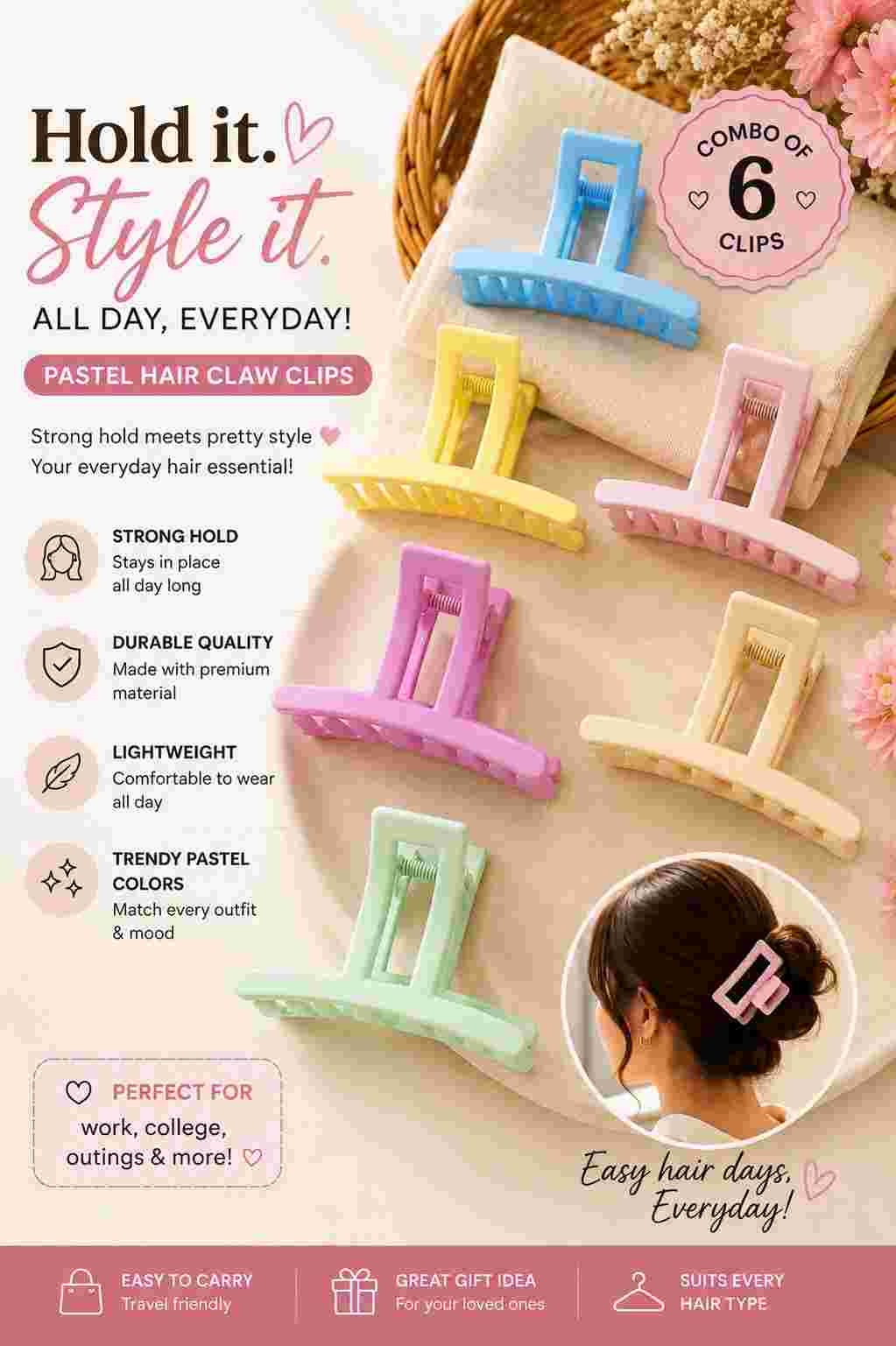 6pcs Korean women hair claw clips